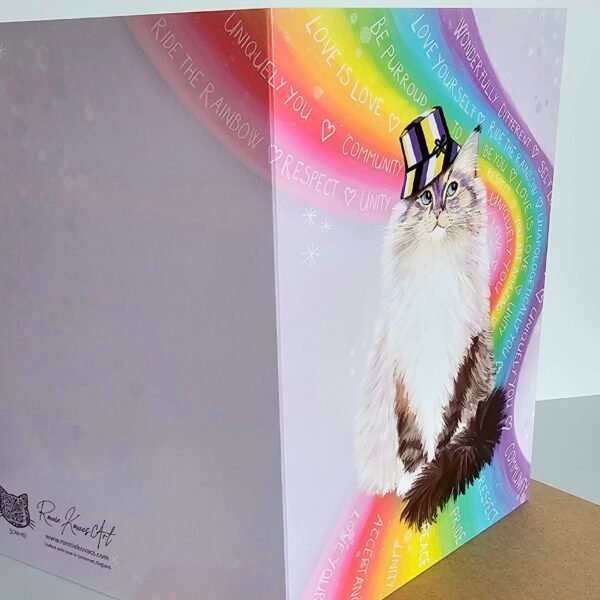Cute LGBTQ love is love greeting card featuring a fluffy ragdoll cat sitting on a rainbow wearing a bucket hat with non binary colours.