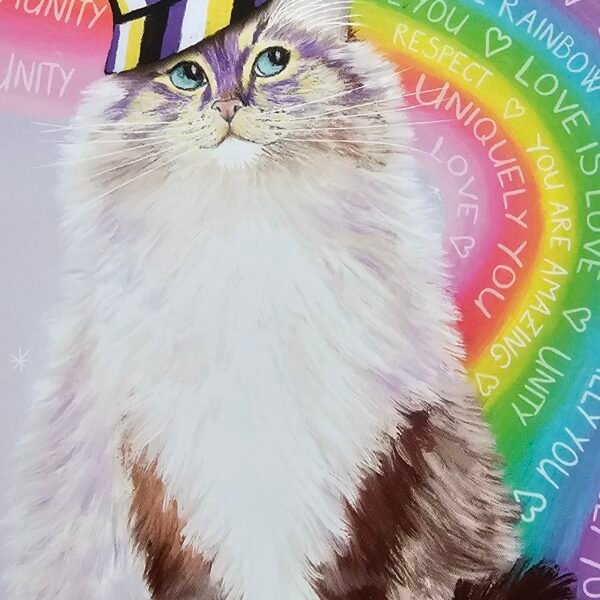 Cute LGBTQ love is love greeting card featuring a fluffy ragdoll cat sitting on a rainbow wearing a bucket hat with non binary colours.