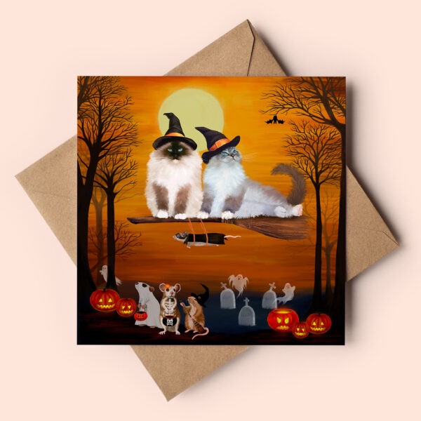Cute halloween card with ragdoll cats on broom and little mice dressed for trick or treating.