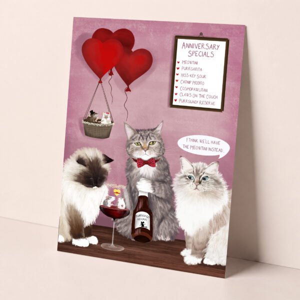 Cute anniversary card featuring two ragdoll cats in a romantic wine bar, being served purrgundy.