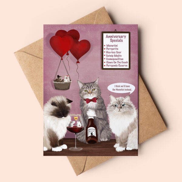 Cute and funny valentines day or annivesary card featuring a ragdoll cat couple in a wine bar. A cat is serving them purrgundy reserve red wine. A mouse couple is sitting in the wine glass being romantic.