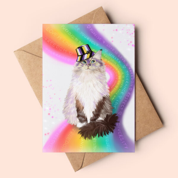 Non binary LGBTQ greeting card featuring a cute fluffy lynx ragdoll cat with blue eyes, wearing a bucket hat with non binary colors (black white yellow and purple). They are sitting on a rainbow that's curving up around them. LGBTQ slogans are swirling through the colours in the rainbow e.g love is love, freedom to love, be yourself, equality etc.