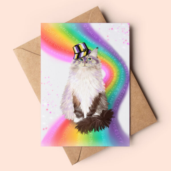 Non binary LGBTQ greeting card featuring a cute fluffy lynx ragdoll cat with blue eyes, wearing a bucket hat with non binary colors (black white yellow and purple). They are sitting on a rainbow that's curving up around them. LGBTQ slogans are swirling through the colours in the rainbow e.g love is love, freedom to love, be yourself, equality etc.