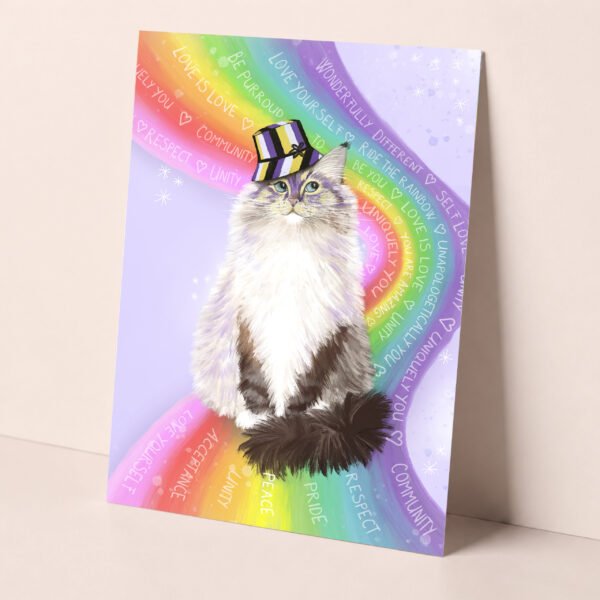 Cute LGBTQ love is love greeting card featuring a fluffy ragdoll cat sitting on a rainbow wearing a bucket hat with non binary colours.