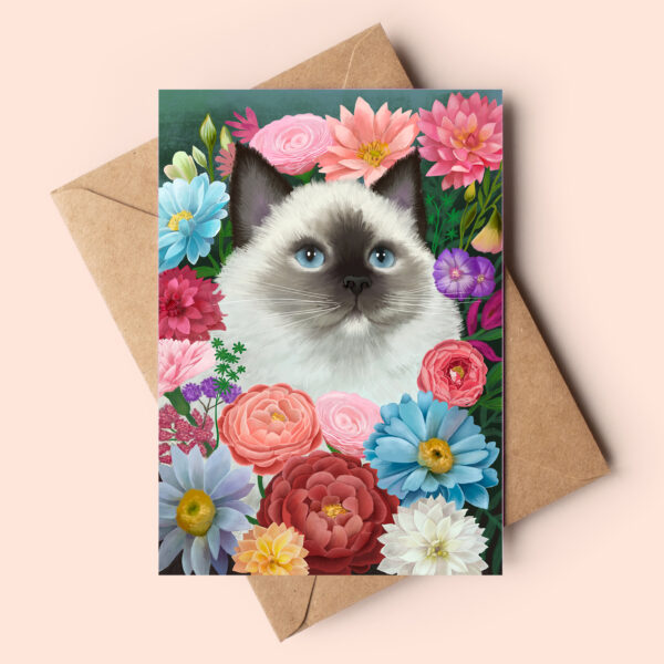 Beautiful greeting card featuring a ragdoll cat sitting amongs colourful flowers. She is surrounded by them and only her head is visible. Inside the card there is a small poem saying: The petals drift on winds so kind, Like all the joy you leave behind. You bloom with love in all you do - And every heart grows bright near you. Perfect for birthdays, mothers day or simply to surprise someone who loves cats or have a ragdoll cat.