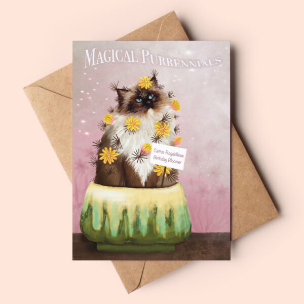 Ragdoll cat birthday card. Ragdoll cat sitting in a cute plant pot, appearing as a fantasy feline plant. It has yellow flowers and spikes around her body. Card reads Magical purrennials cattus ragdollicus birthday bloomer.