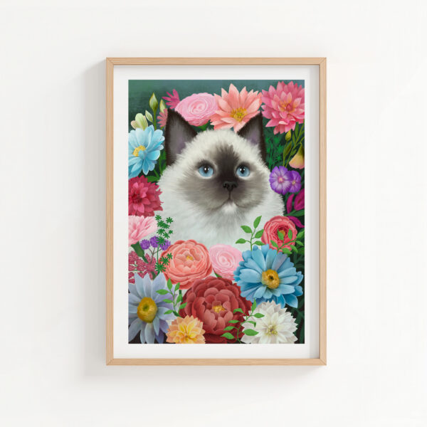 pretty ragdoll cat with flowers wall art shown in a light coloured frame
