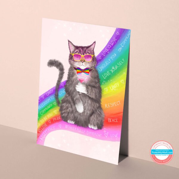 Rainbow cat LGBTQ Greeting card featuring a tabby at wearing stylish sunglasses and holding a martini while sitting on a rainbow. Postitive messages swirl through the rainbow like love is love, you're beautiful, free to be you.