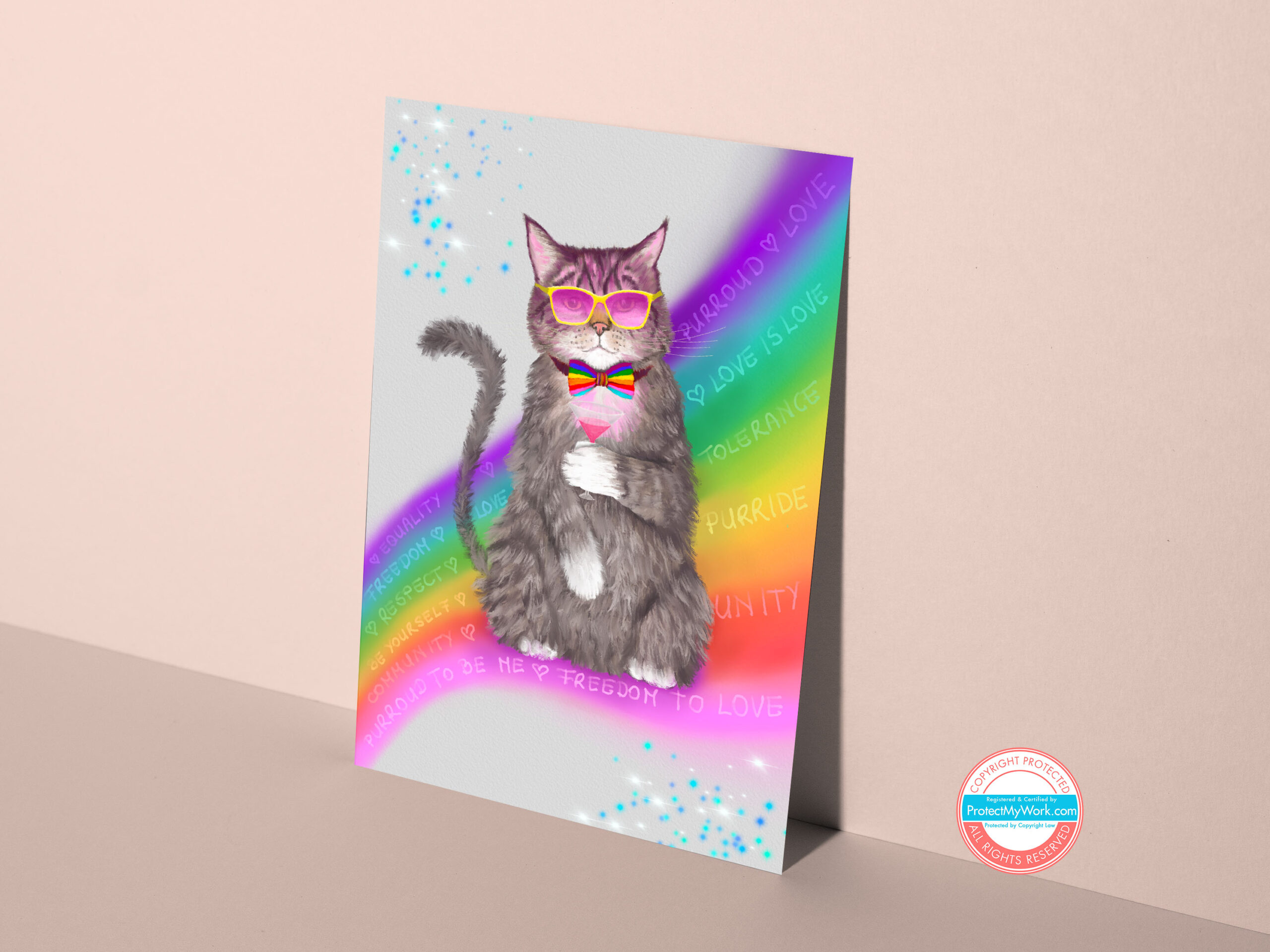 LGBTQ cat greeting card with rainbow