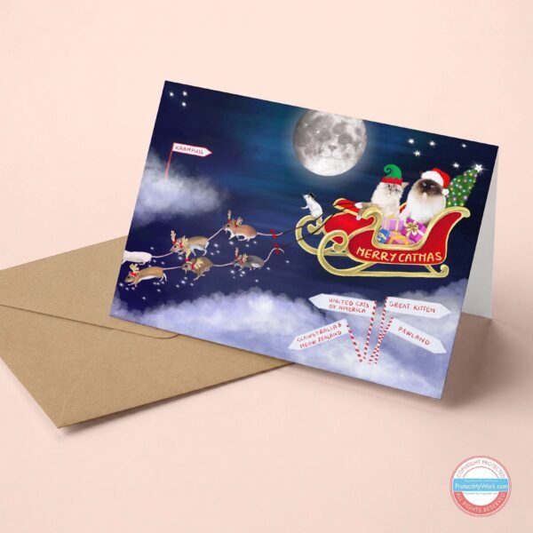 Ragdoll cat christmas card featuring ragdolls sitting in a santa sleight bringing presents.