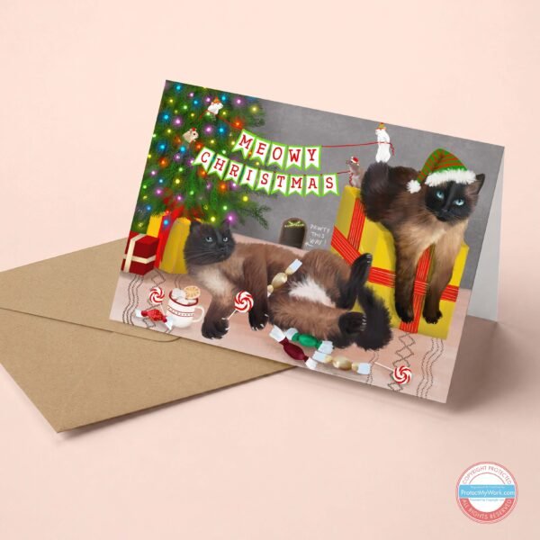 Siamese cat Christmas greeting cards with cute festive scene.