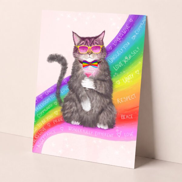 Love is love LGBTQ greeting card featuring a stylish tabby cat sitting on a rainbow.