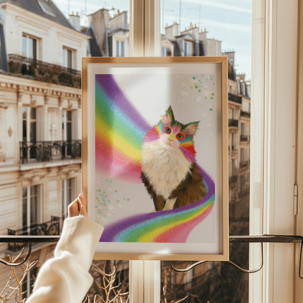 Image showing a framed painting of a fluffy cat being hugged by a rainbow. Pride Art.