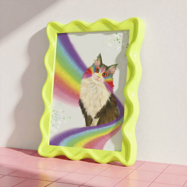 Image showing a framed painting of a fluffy cat being hugged by a rainbow. Pride Art.