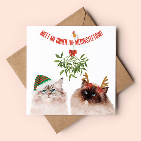 Two cute ragdoll cats sitting under the mistletoe wearing an elf hat and a reindeer headband. Card reads: meet me under the meowstletoe.