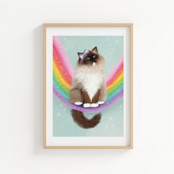 Transgender cat rainbow giclee art print for LGBTQ homes