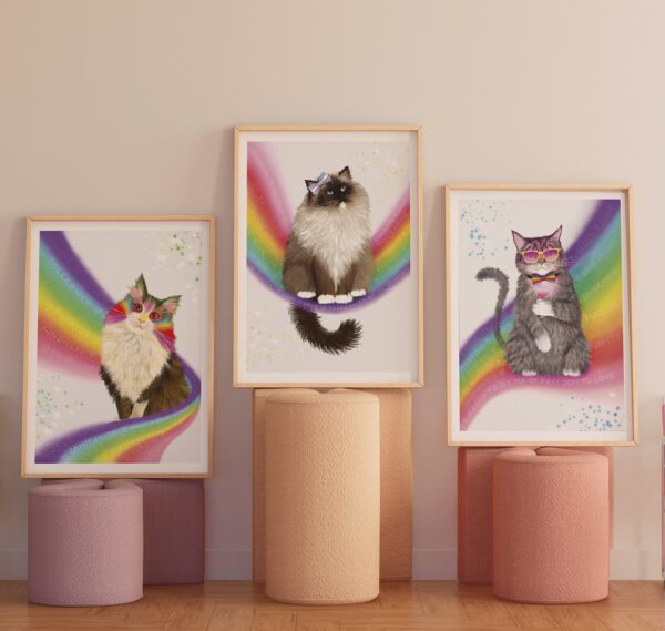 3 framed print showing different type of kitties sitting on rainbows, spreading messages of acceptance and love. Pride art.