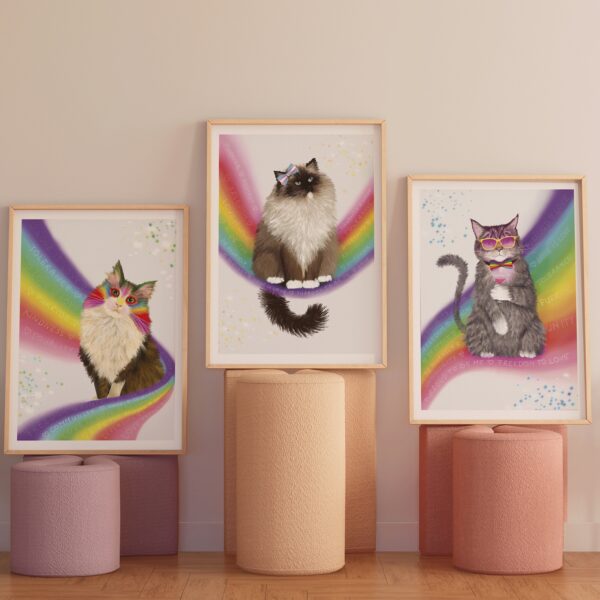 3 framed print showing different type of kitties sitting on rainbows, spreading messages of acceptance and love. Pride art.