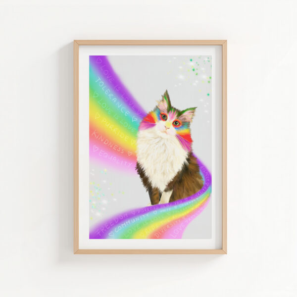 Fluffy cat with rainbow pride art in a frame.