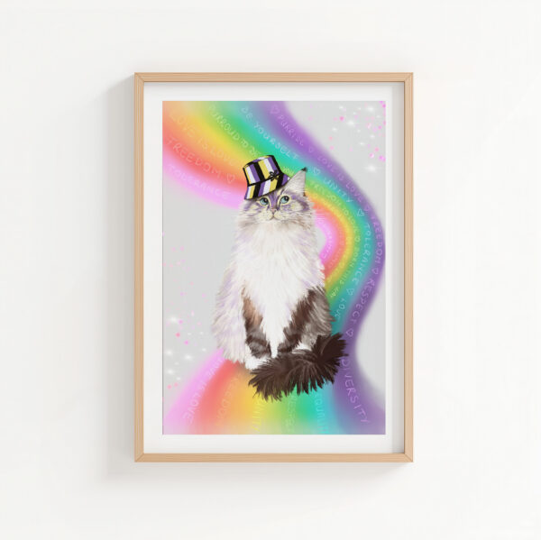 Art print of a cute lynx ragdoll cat sitting on a rainbow. They are wearing a hat with non-binary colours.