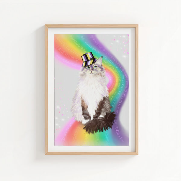Art print of a cute lynx ragdoll cat sitting on a rainbow. They are wearing a hat with non-binary colours.
