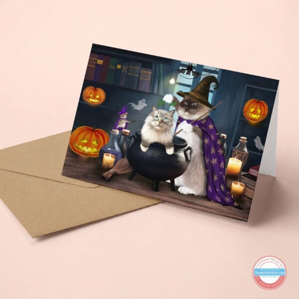 Funny halloween themed ragdoll cat greeting card.