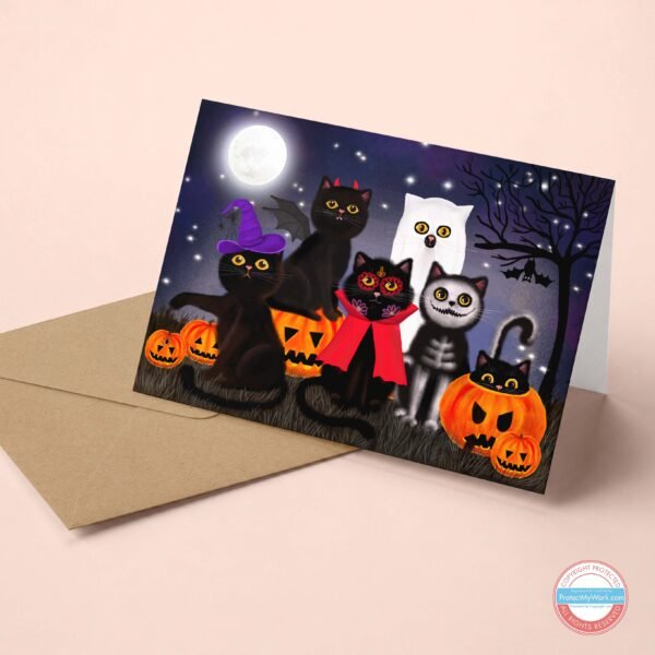 Black cats trick or treating halloween greeting card.