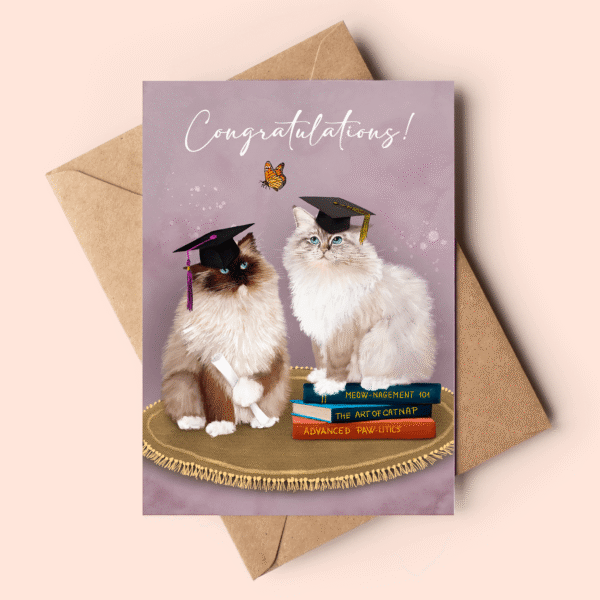 Cute illustrated ragdoll cat graduation card with little poem inside.
