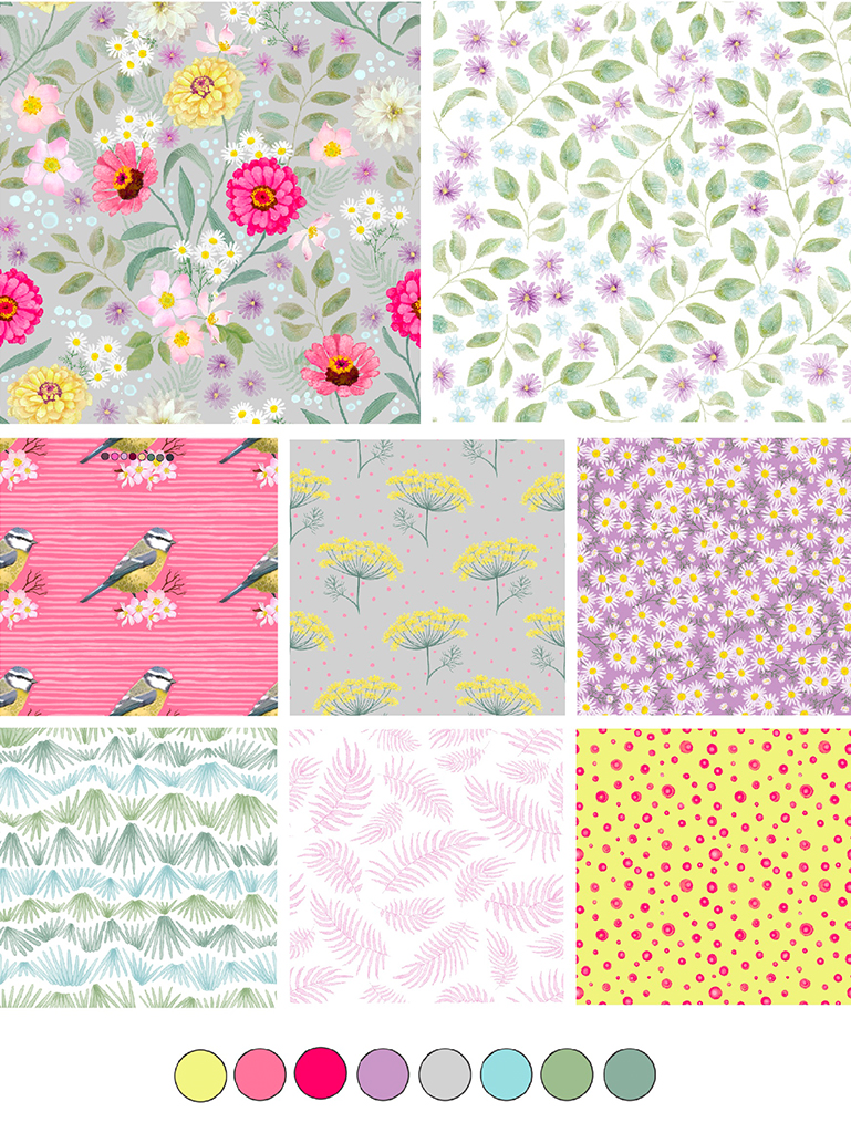 Floral surface pattern collection titled Meemaws garden.