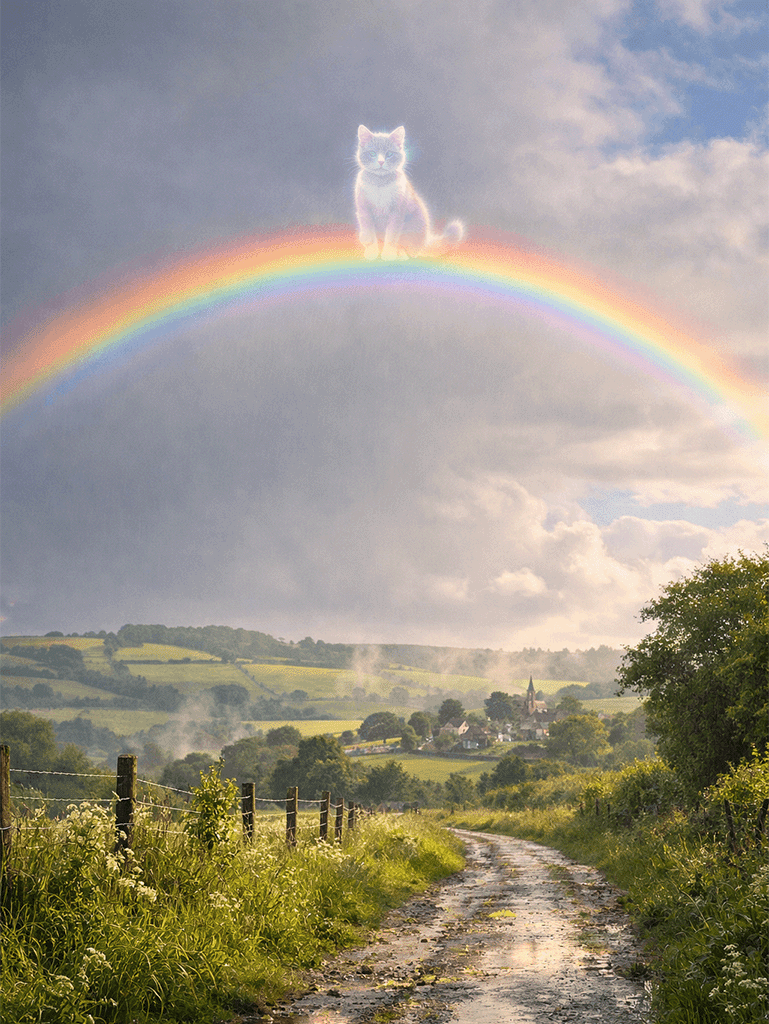 Spirit cat sitting on a rainbow