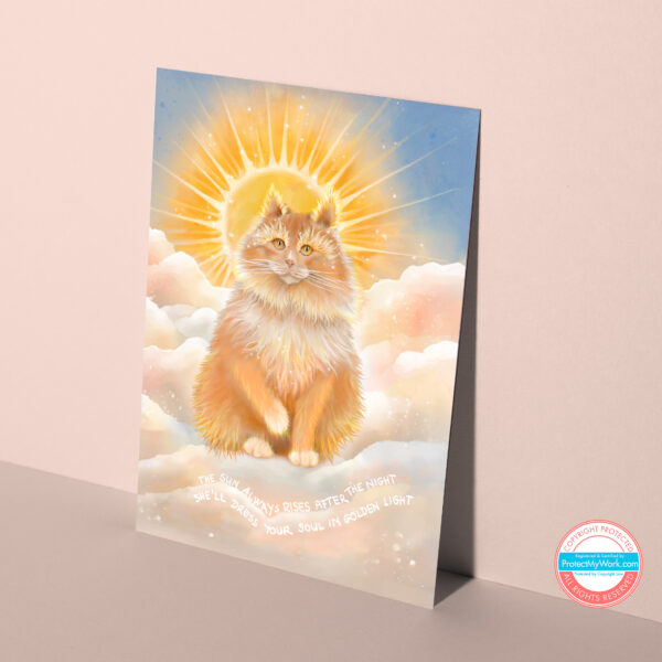 Orange sun cat celestial art greeting card.