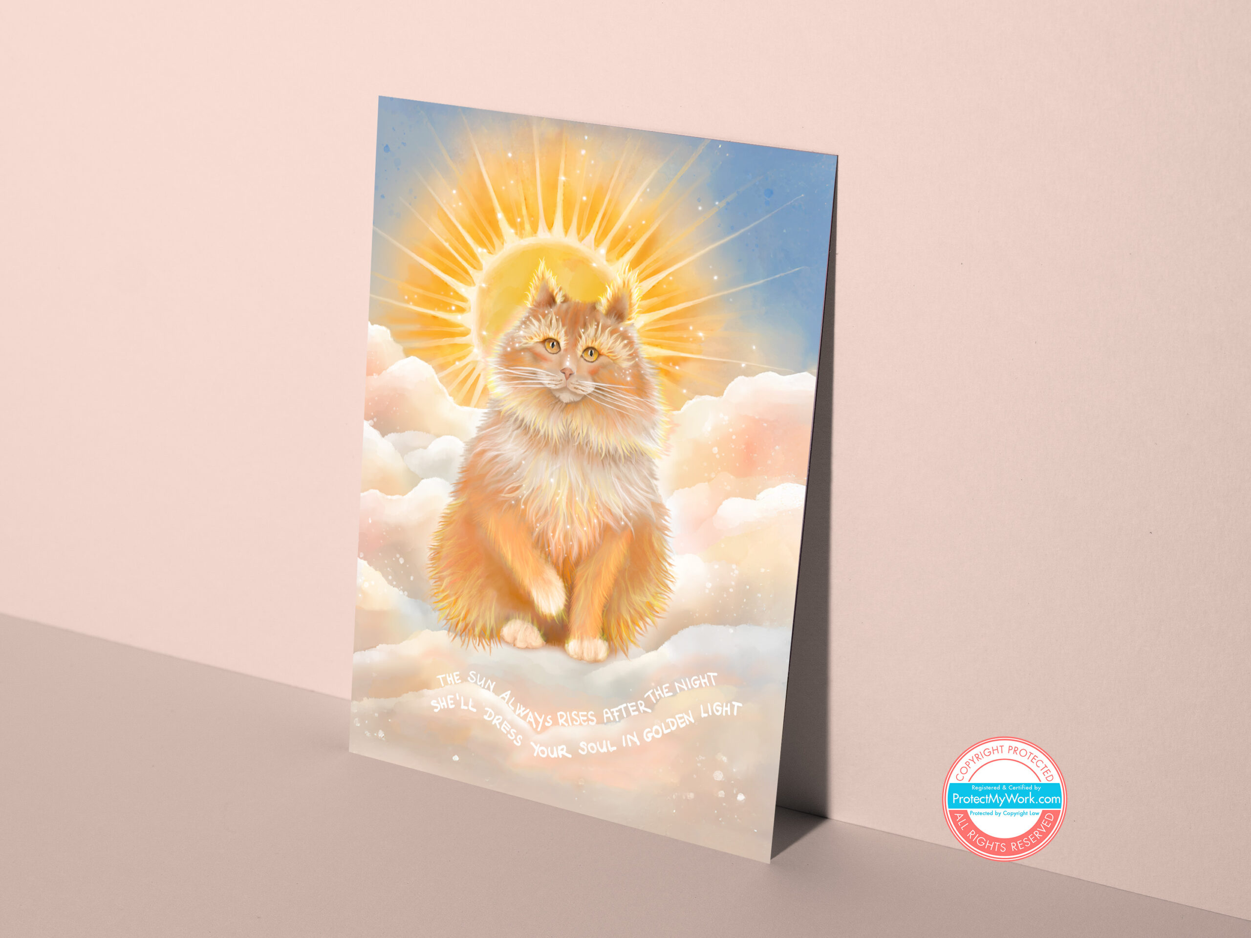 Orange sun cat celestial art greeting card.