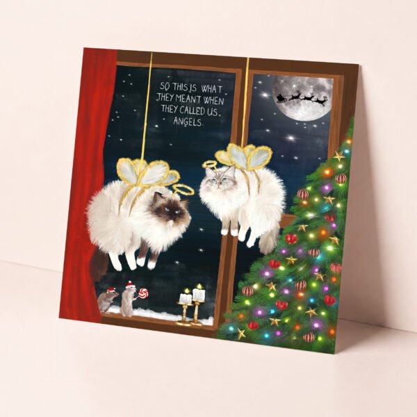 Ragdoll cat christmas card showing two fluffy cats dressed as angel decorations.