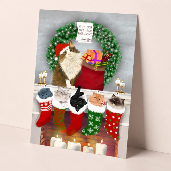 Cat christmas card featuring a fluffy cat dressed as Santa Claus, filling stockings with cute kittens.
