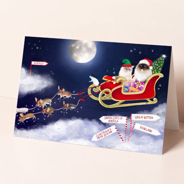 Ragdoll cat christmas card showing two fluffy cats in a Santa sleigh flying in the night sky bringing presents.