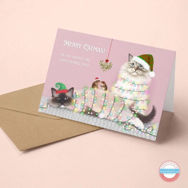 Ragdoll cats tangled in Christmas lights adorable cat lovers greeting card.