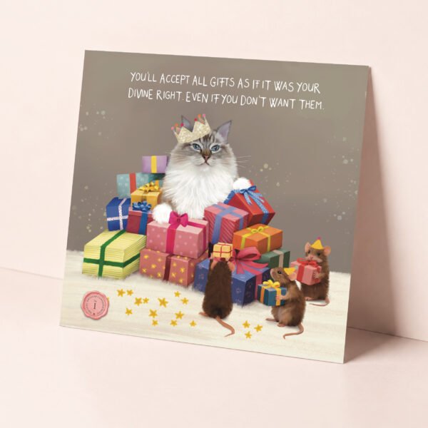 Ragdoll cat birthday card featuring a fluffy cat sitting in a pile of gifts.