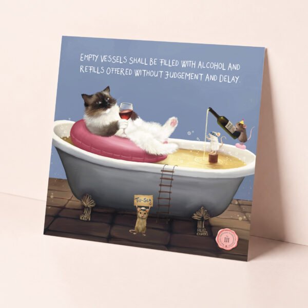 Ragdoll cat birthday card showing a fluffy cat bathing in champagne.