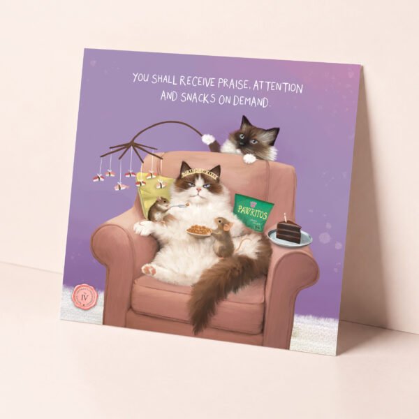 Cute ragdoll cat greeting card showing a fluffy cat being pampered with treats on their birthday.