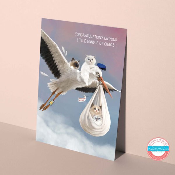 New baby ragdoll cat greeting card featuring a stork carrying little ragdoll kittens in a pouch.