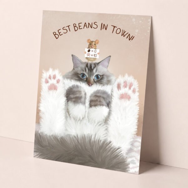 Cute ragdoll cat card featuring a fluffy cat displaying his pink toe beans. Card reads: best beans in town.