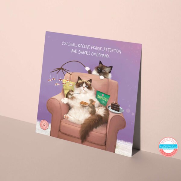 The 4th ragdoll birthday commandment greeting card featuring a fluffy kitty being spoiled with treats and attention.