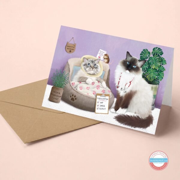 Ragdoll Cat get well card with cute details and humorous poem inside