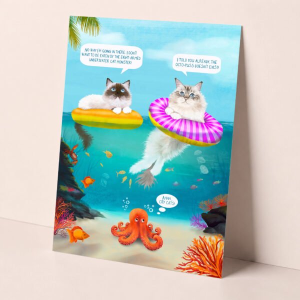 Ragdoll cat holiday card showing two fluffy cats on floaters in the sea, talking about the octo-puss.