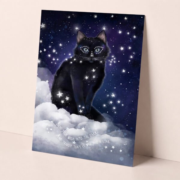 Beautiful celestial greeting card featuring The Star, a black cat made of starlight sitting on a cloud in the night sky.