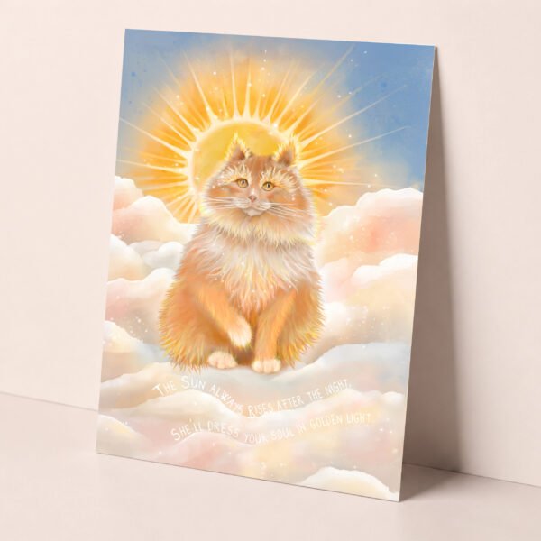 Gorgeous celestial greeting card featuring The Sun, an orange cat made of flames sitting on a cloud against the rising sun.